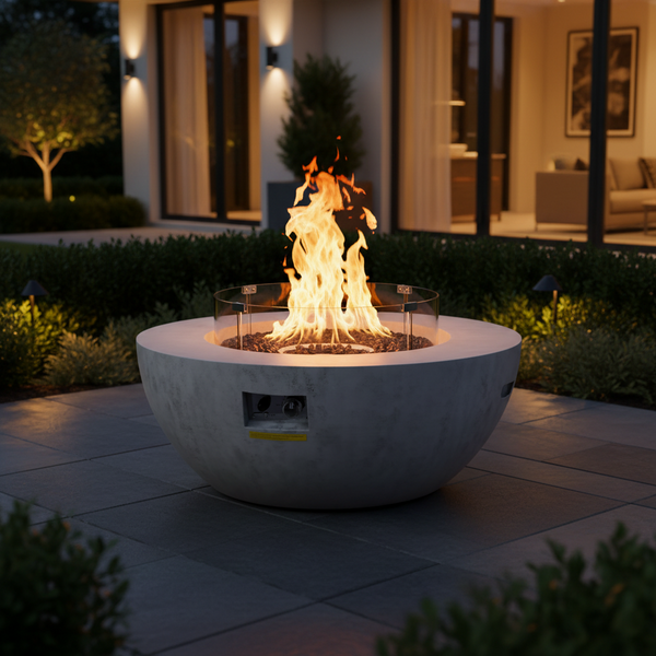 Propane Fire Pit, Outdoor Concrete Gas Fire Pit, 39 in Tabletop with Lava Rocks, Lid,Rain Cover,Adjust Flame Height Camping Firepit for Heating, Lighting, 50000 BTU