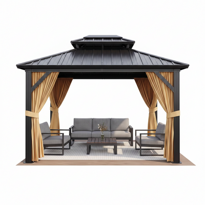 10 X 12 Ft Hardtop Gazebo, Galvanized Steel Double Roof with Curtains and Netting, Aluminum Frame Patio Gazebo for Patio, Garden and Lawn