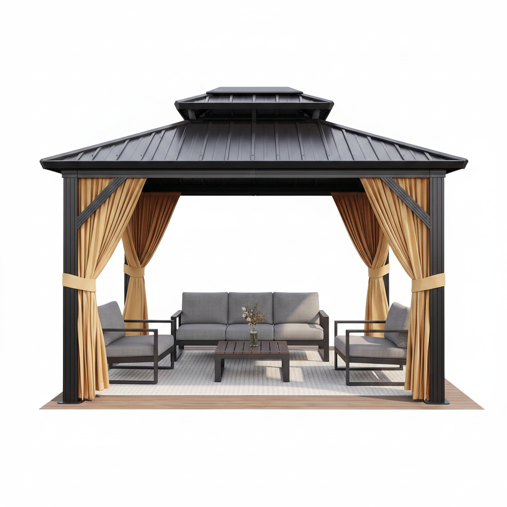 10 X 12 Ft Hardtop Gazebo, Galvanized Steel Double Roof with Curtains and Netting, Aluminum Frame Patio Gazebo for Patio, Garden and Lawn