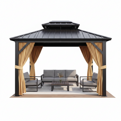 10 X 12 Ft Hardtop Gazebo, Galvanized Steel Double Roof with Curtains and Netting, Aluminum Frame Patio Gazebo for Patio, Garden and Lawn