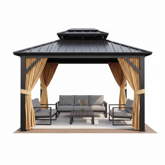 10 X 12 Ft Hardtop Gazebo, Galvanized Steel Double Roof with Curtains and Netting, Aluminum Frame Patio Gazebo for Patio, Garden and Lawn