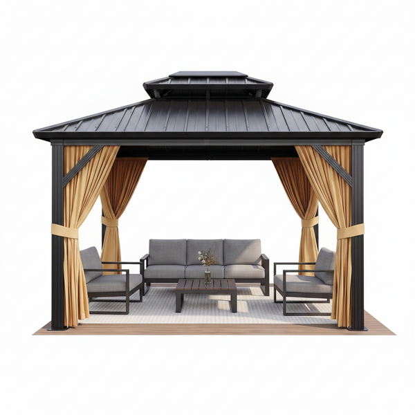 10 X 12 Ft Hardtop Gazebo, Galvanized Steel Double Roof with Curtains and Netting, Aluminum Frame Patio Gazebo for Patio, Garden and Lawn